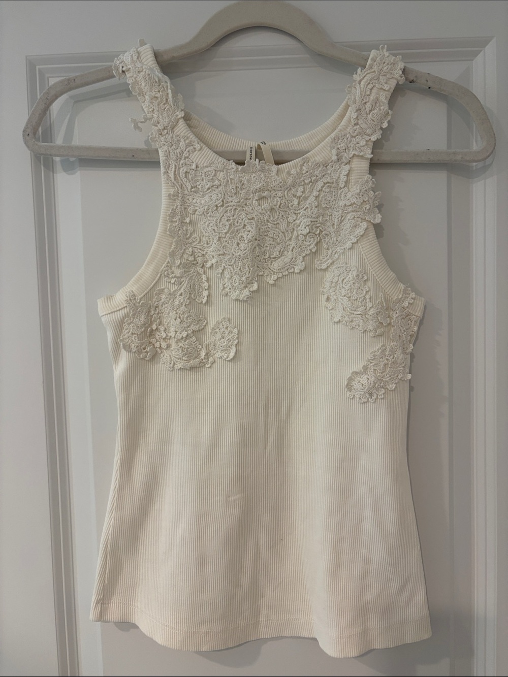 Anthropologie Cream Lace Crochet Crewneck Top